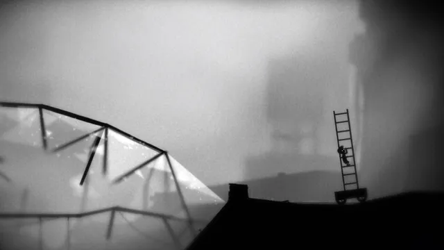 The boy stands on a wooden platform in a misty industrial area beneath a hanging mechanical claw