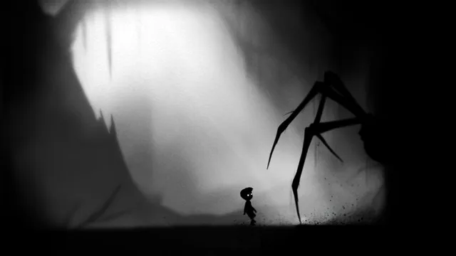 LIMBO: the silhouetted boy stands in a bright clearing as the long legs of a giant spider reach down beside him