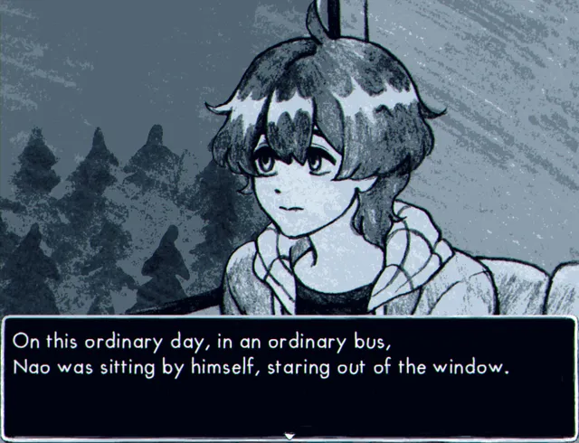 Line 88 screenshot: Nao, drawn in pencil, sits by a bus window with snowy pine trees behind him as the opening narration begins