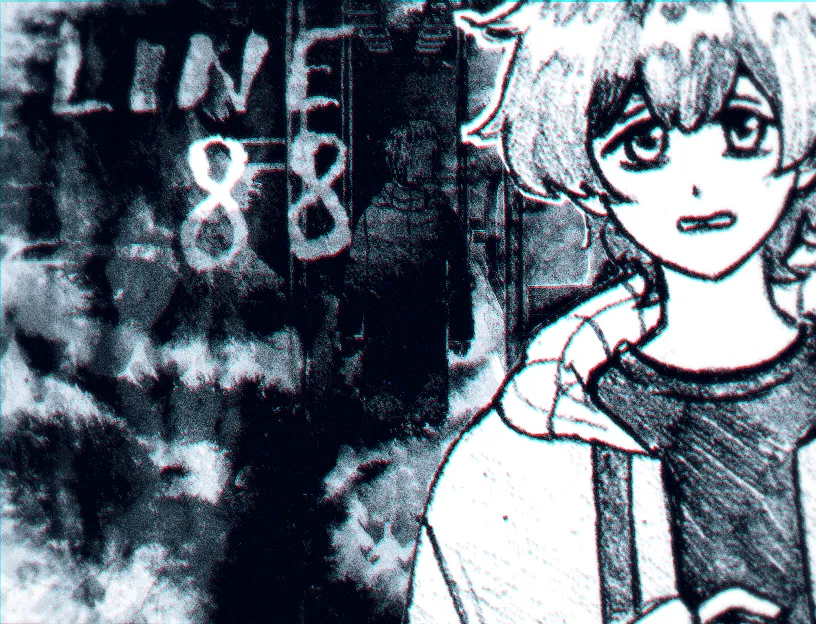 Line 88 cover: the title scrawled over a grainy, dark bus interior, with a pencil-drawn anime-style young man looking out in fear