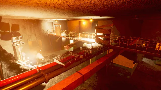 Liquidators: catwalks over a wrecked, debris-filled hall lit by floodlights