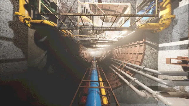 Liquidators: a long concrete tunnel lined with pipes and cable trays, seen from inside