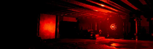 Liquidators key art: a dark, red-lit basement of pipes and machinery with a radiation sign glowing on the wall