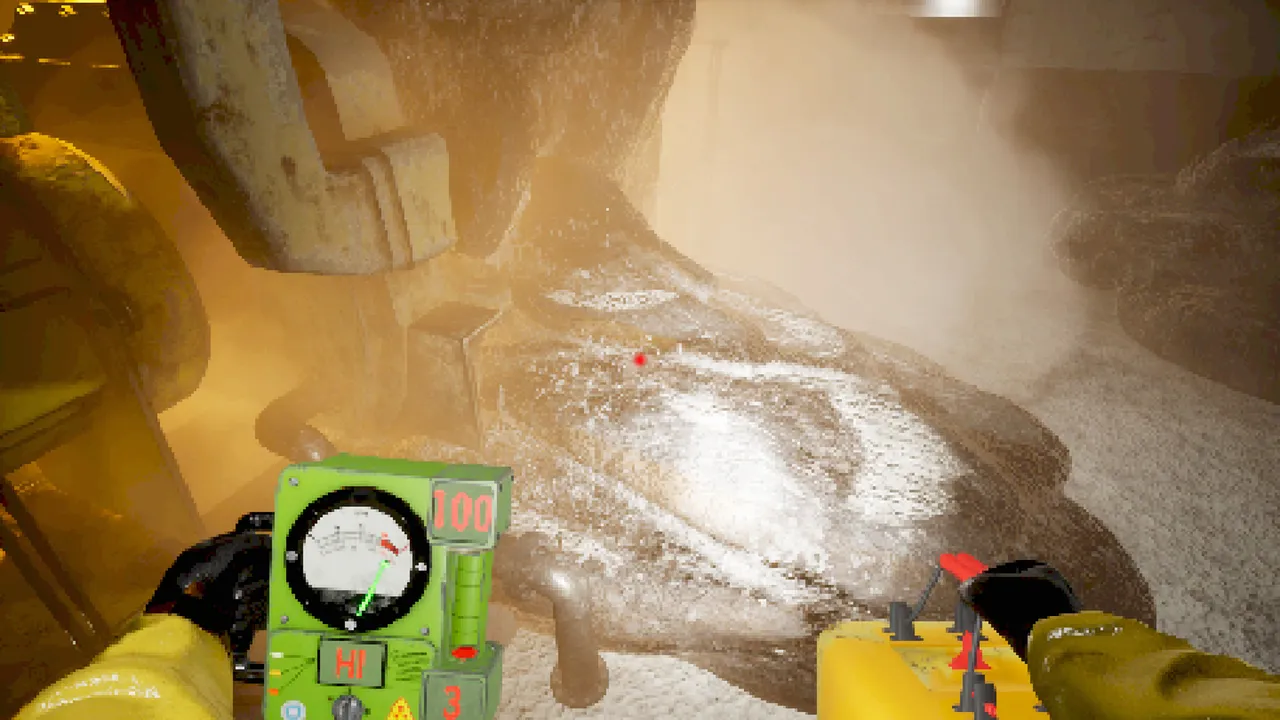 Liquidators: gloved hands hold a Geiger counter reading HI beside glowing reactor debris in a haze of dust
