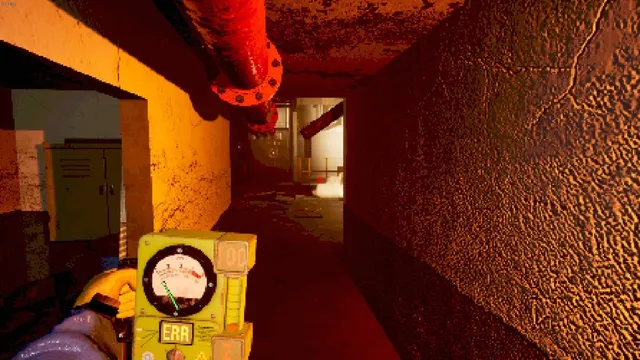 Liquidators: a Geiger counter showing ERR in a dim corridor under a red pipe