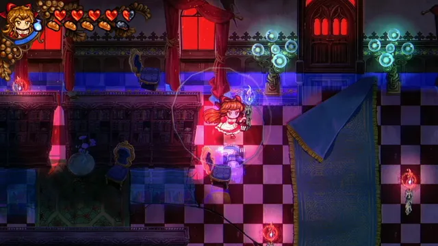 Little Goody Two Shoes: Elise carries a candle across a red and black checkered hall lined with bookcases and glowing lamps