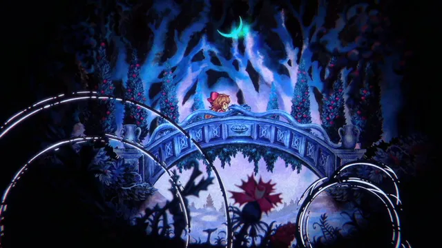 Little Goody Two Shoes: Elise crosses a stone bridge in a dark blue forest under a crescent moon