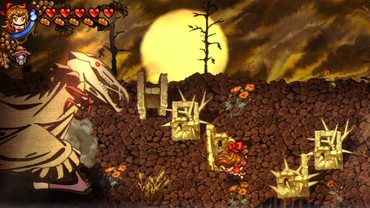 Little Goody Two Shoes: Elise in a red dress runs among spiked stone blocks under a yellow moon as a huge skull-headed creature in a cloak looms behind her