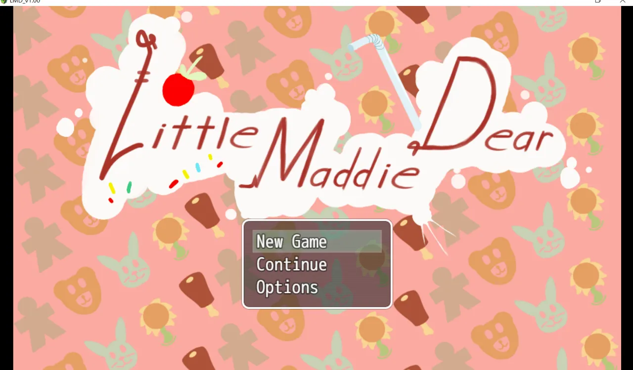 Little Maddie Dear title screen: the name in red handwriting over a pink pattern of bears, bunnies, sunflowers and drumsticks, with New Game, Continue and Options