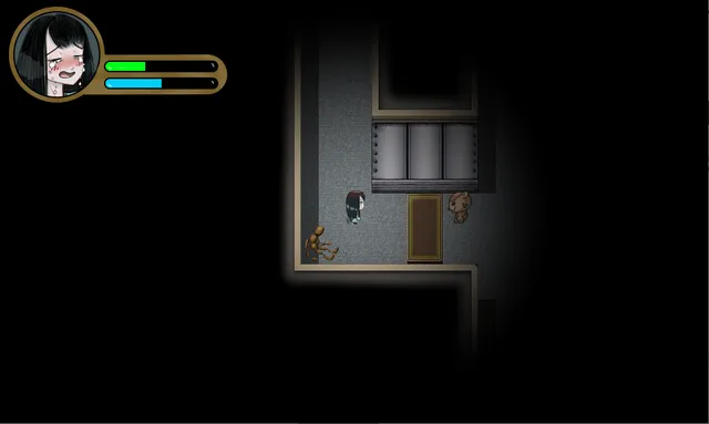 Little Maddie Dear: top-down view of Madison in a dark corridor by lantern light near a doorway, with her portrait and health bars in the corner