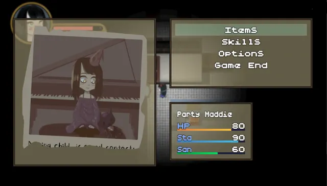 Little Maddie Dear: the menu over a missing-child photo of Madison at a piano, with her HP, stamina and sanity