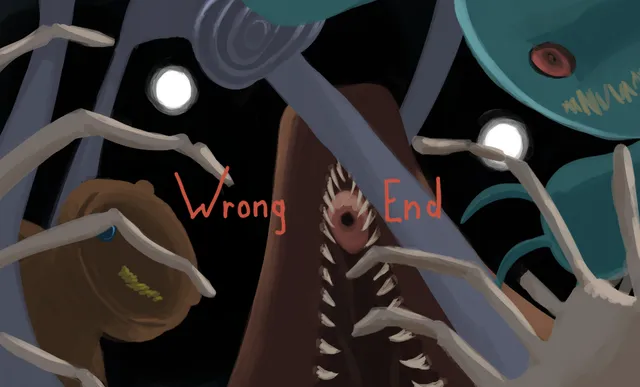 Little Maddie Dear ending art: the words Wrong End over a painted mass of teeth, eyes, tentacles and long bony claws