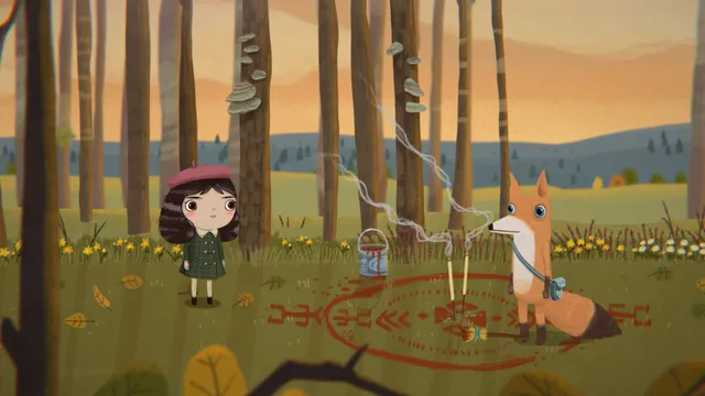 Little Misfortune screenshot: Misfortune in a forest meadow beside a fox with a satchel, standing at a red symbol painted on the ground