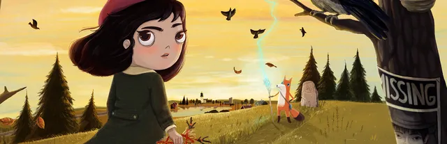 Little Misfortune key art: a little girl in a red beret and green coat looks back over a golden autumn hillside, with a fox holding a crackling staff and a Missing poster on a tree