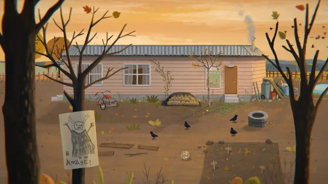 Little Misfortune screenshot: a pink bungalow in a dusty autumn yard with crows, a tricycle, small grave markers and a child's drawing of a monster pinned to a tree