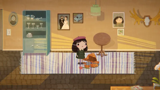 Little Misfortune screenshot: Misfortune stands by a broken vase on a striped rug in a sunlit living room hung with family photos
