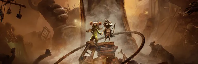 Little Nightmares III key art: Low in a bird mask with a bow and Alone in goggles stand on a heap of junk among giant hands in a dusty haze