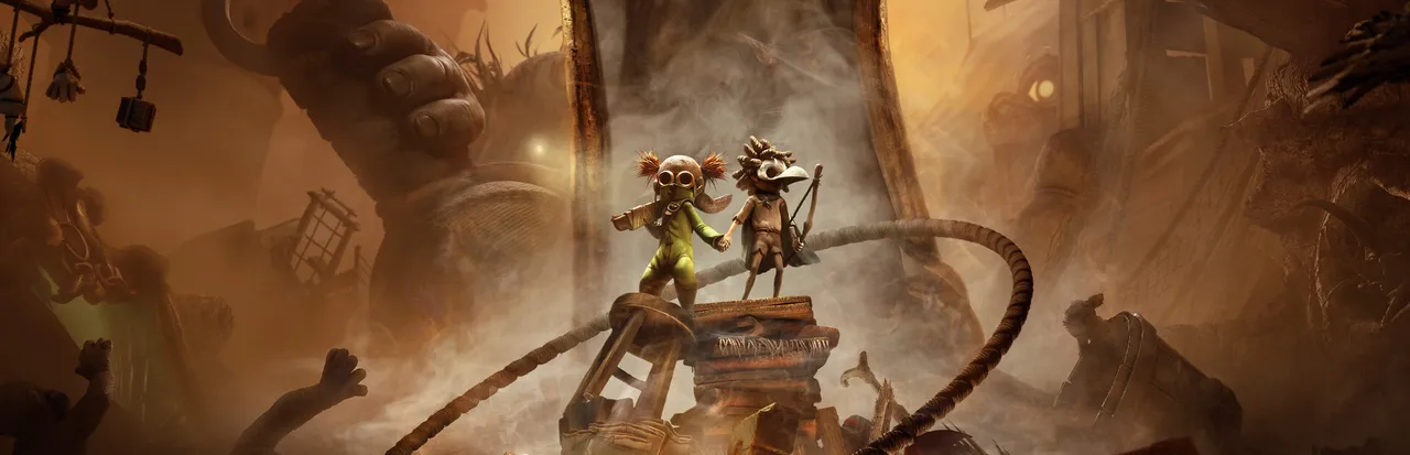 Little Nightmares III key art: Low in a bird mask with a bow and Alone in goggles stand on a heap of junk among giant hands in a dusty haze