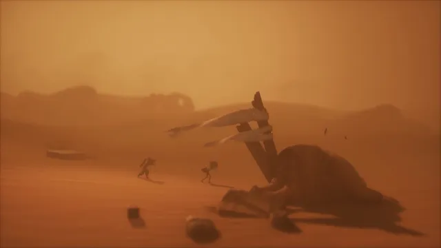 Little Nightmares III screenshot: the two children walk across an orange desert past a huge half-buried figure in a sandstorm