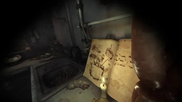 A candle held up to an open book of sketches beside a filthy sink, a huge fleshy arm looming at the edge