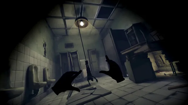 The player's shadowy hands raised in a wrecked school bathroom with a small figure hanging from a rope