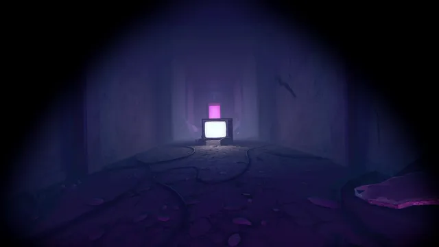 An old television glowing at the end of a dark, purple-lit corridor full of cables