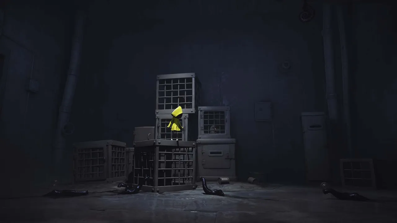 Six stands on top of stacked metal cages in a cold grey industrial room, with dark leech-like shapes on the floor below