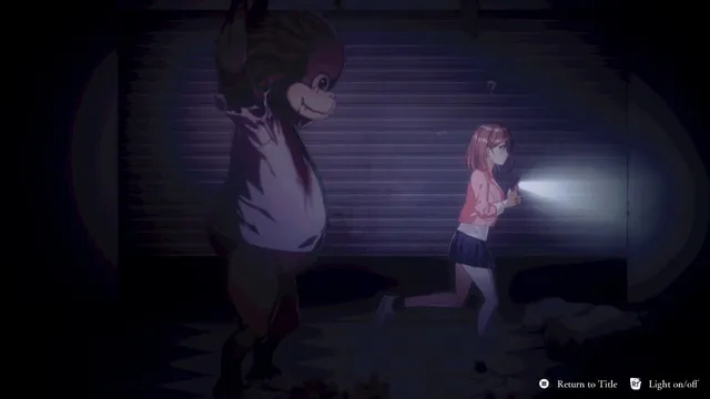 Livestream 2 screenshot: Himari runs with her phone light past a shuttered shop while the blood-stained monkey mascot stands behind her