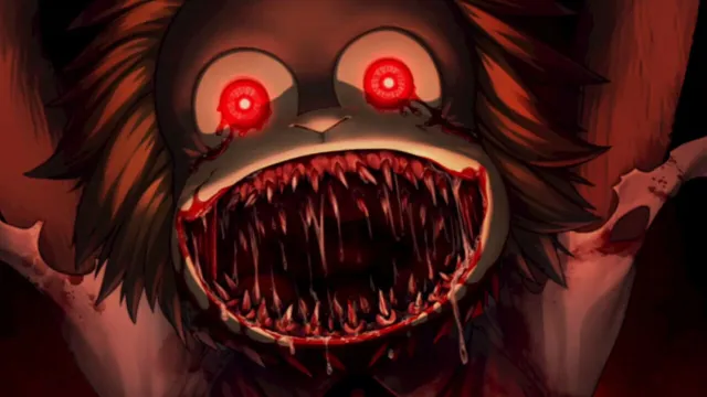 Livestream 2 screenshot: close-up of the monkey mascot with glowing red eyes and a gaping mouth of bloody fangs