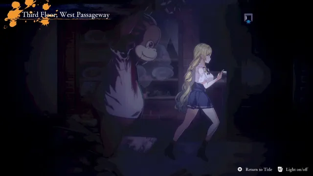 Livestream 2 screenshot: Miyabi walks a dark third-floor passageway past a shop of plates as the monkey mascot follows close behind