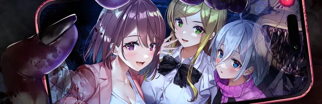 Livestream 2 key art: three anime girls pose for a selfie on a cracked phone screen while a bloody monkey paw and a fanged mouth loom behind them