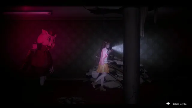 Mio shines her flashlight in a ruined hotel room while the pig mascot looms behind her in red light