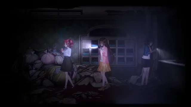 The three streamers search a dark hotel lobby with flashlights among rubble and bags