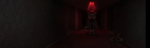 A pig mascot holding a bloody hatchet stands at the end of a red-lit hotel corridor