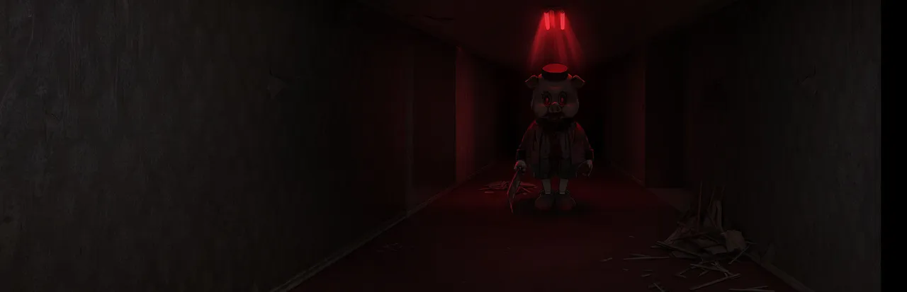 A pig mascot holding a bloody hatchet stands at the end of a red-lit hotel corridor