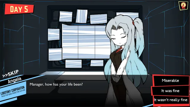 Lobotomy Corporation screenshot: Angela asks the Manager how life has been, on Day 5