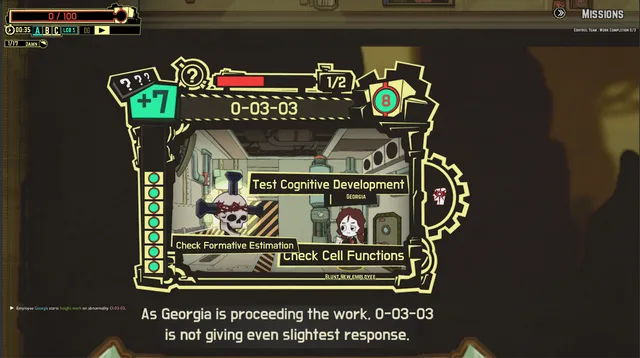 Lobotomy Corporation screenshot: an employee working on the Abnormality 0-03-03 in its containment cell, with work options like Test Cognitive Development