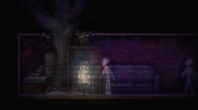 Super Lone Survivor screenshot: the survivor's light picks out a pale, faceless figure in a purple room with a tree growing through it, another figure lurking at the edge