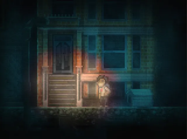 Super Lone Survivor screenshot: the masked survivor with a flashlight walks along the steps of a dark, old apartment building's front in pixel art