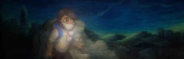 Super Lone Survivor key art: a large pixel-art portrait of the masked survivor in a white surgical mask against a dark blue sky