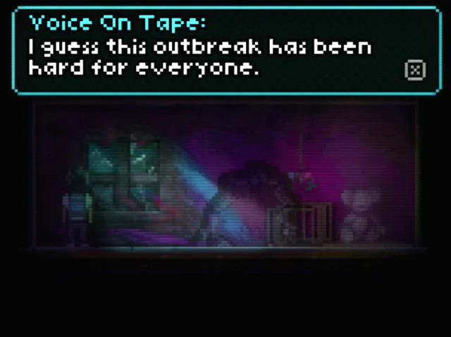 Super Lone Survivor screenshot: a voice on tape says the outbreak has been hard for everyone, above a purple-lit room with a teddy bear and a crate