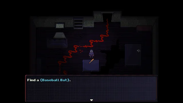 Look Outside screenshot: a dark apartment room with a trail of blood leading to a baseball bat