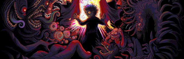 Look Outside key art: a dark figure stands before a glowing window, surrounded by a mass of tentacled, many-eyed monsters