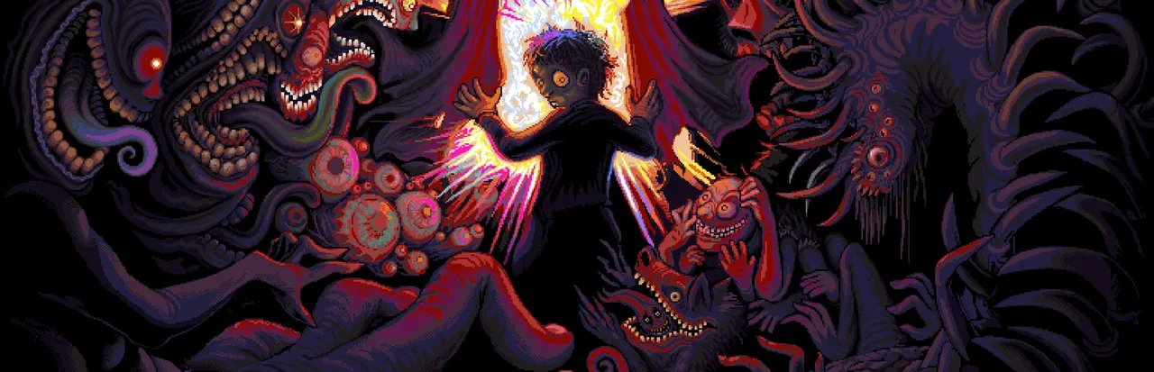 Look Outside key art: a dark figure stands before a glowing window, surrounded by a mass of tentacled, many-eyed monsters