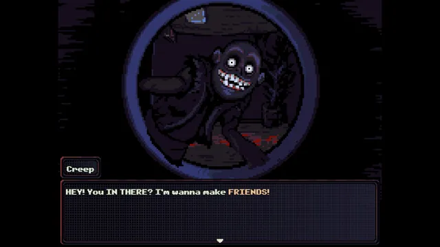 Look Outside screenshot: a grinning man seen through a door peephole shouts that he wants to make friends