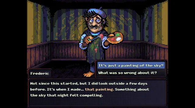Look Outside screenshot: a painter with a palette talks about a painting of the sky he made after looking outside