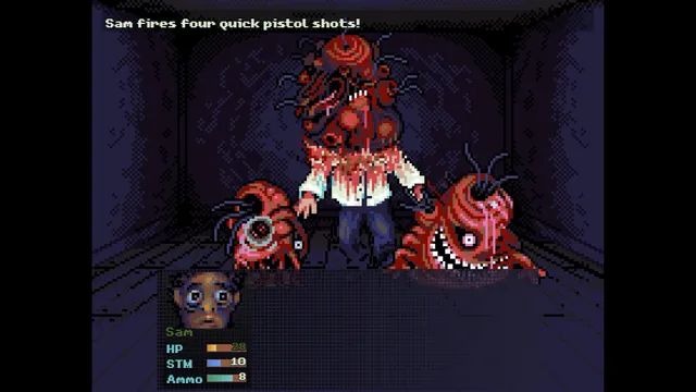 Look Outside screenshot: turn-based battle as Sam fires a pistol at a bloody human-shaped monster flanked by two red creatures with grinning mouths
