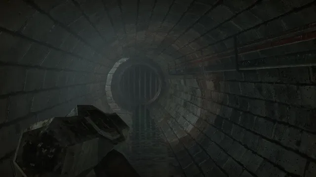 Lost in Vivo screenshot: a brick sewer pipe leading to a barred circular gate