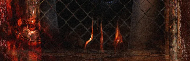 Lost in Vivo key art: a red, decaying wall with a staring eye and shapes behind a chain-link fence