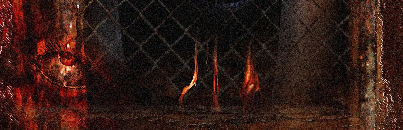 Lost in Vivo key art: a red, decaying wall with a staring eye and shapes behind a chain-link fence